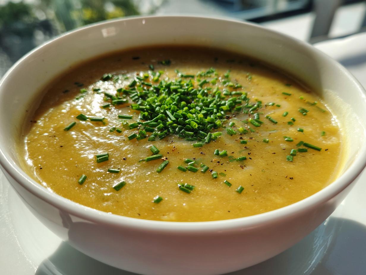Close-up of a bowl of Irish Potato and Leek Soup, garnished with fresh chives.