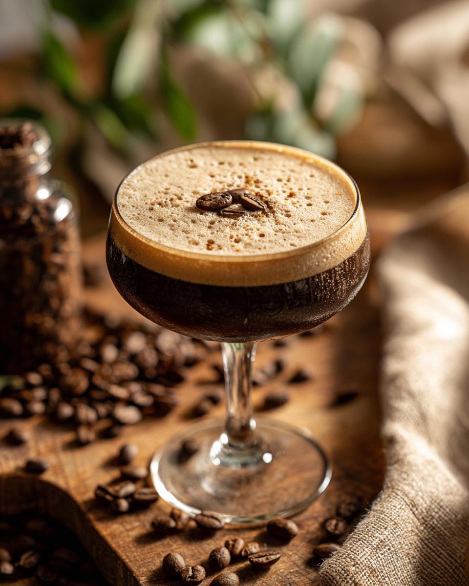 Close-up of an Irish Whiskey Espresso Martini in a stemmed glass, garnished with coffee beans.