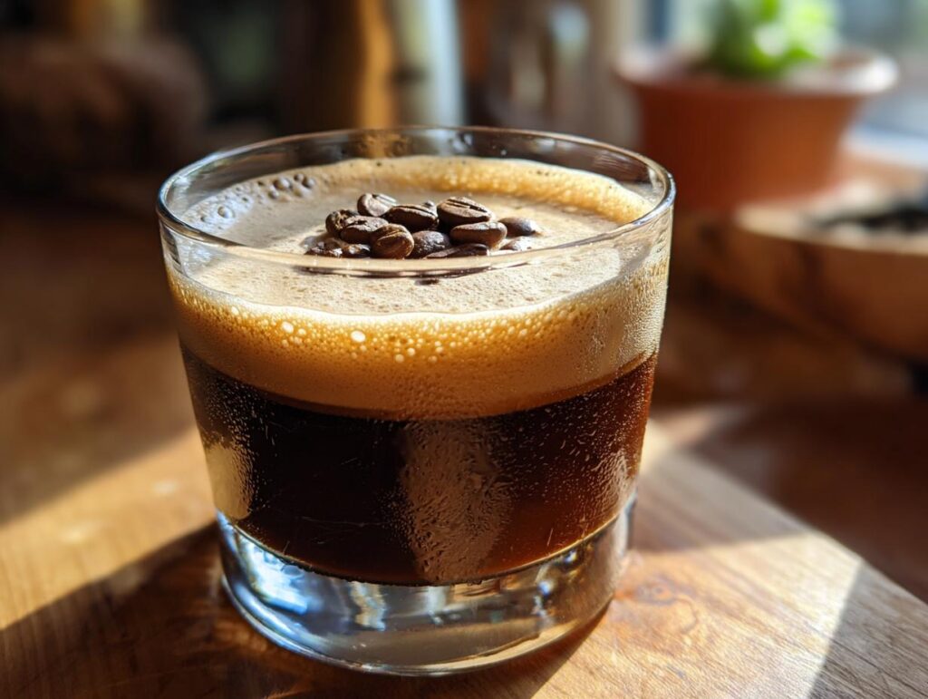 Close-up of an Irish Whiskey Espresso Martini in a glass, garnished with coffee beans.