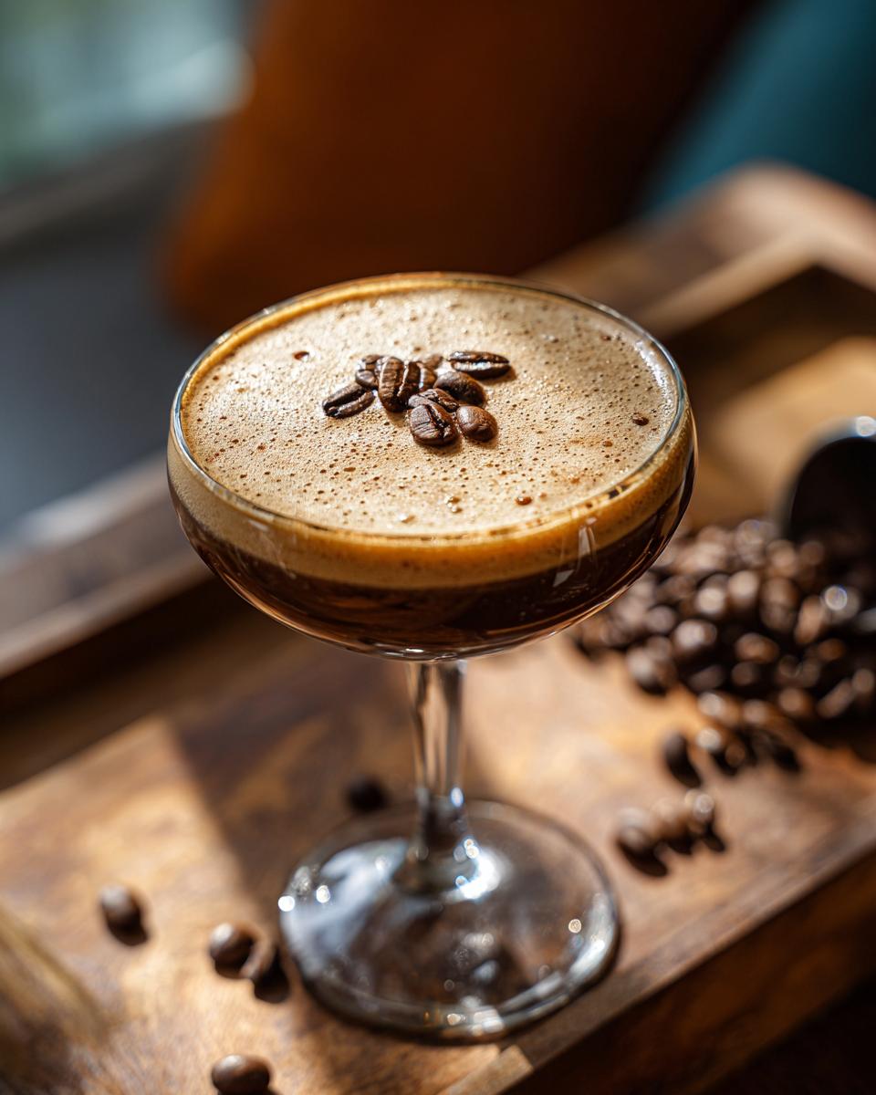 Close-up of an Irish Whiskey Espresso Martini in a glass, garnished with coffee beans.