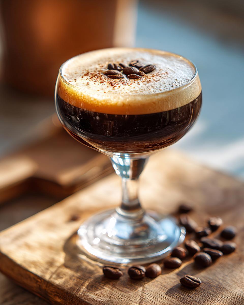 Close-up of an Irish Whiskey Espresso Martini in a stemmed glass, garnished with coffee beans.