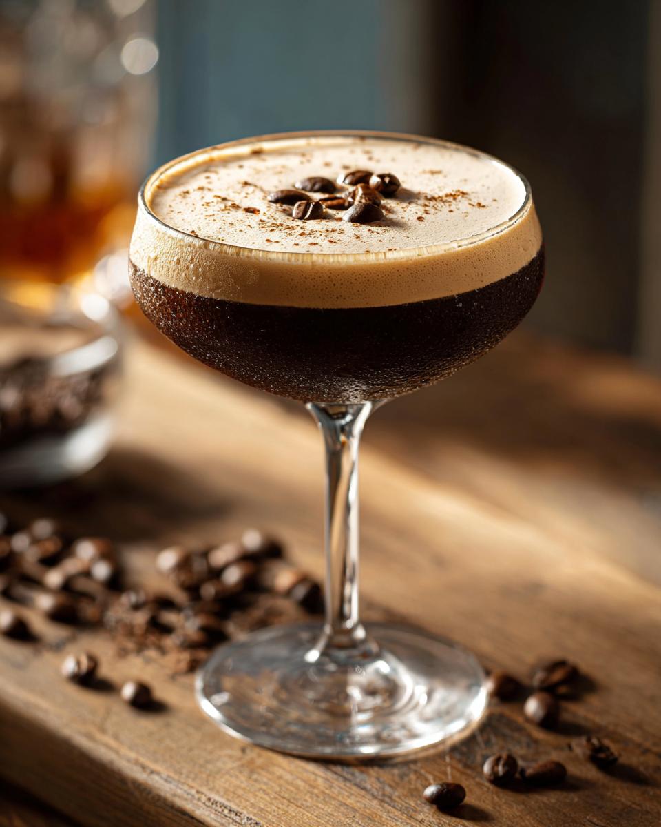 Close-up of an Irish Whiskey Espresso Martini in a stemmed glass, garnished with coffee beans.