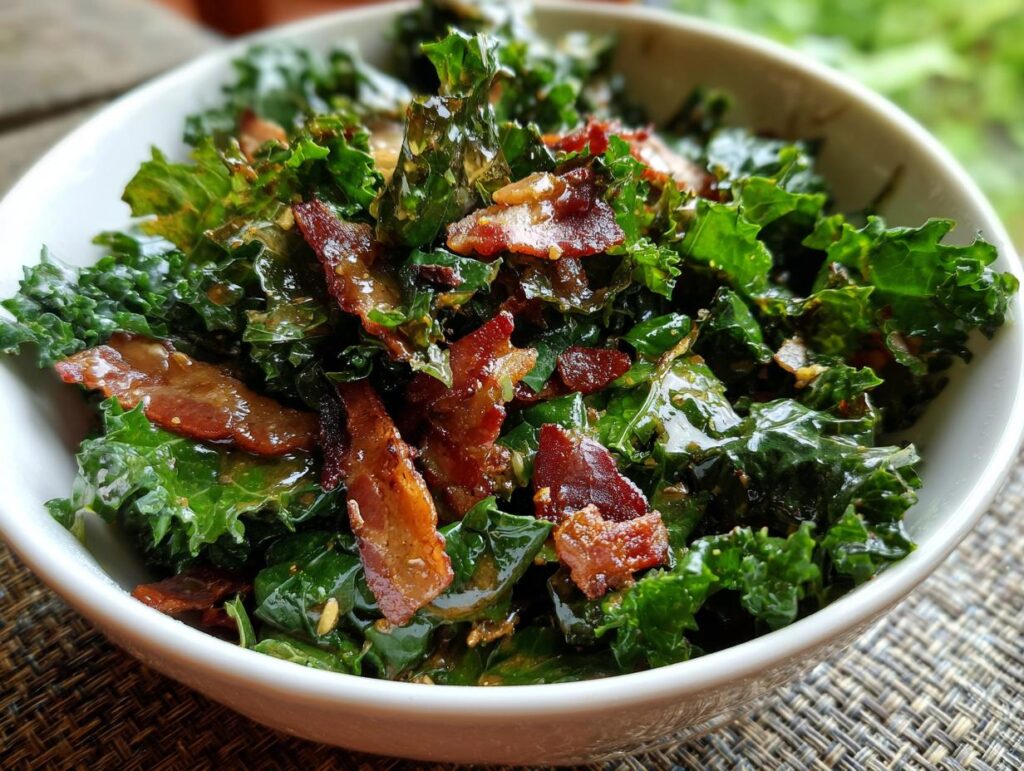 Close-up of a bowl of delicious Kale and Bacon Salad, a healthy and flavorful dish.