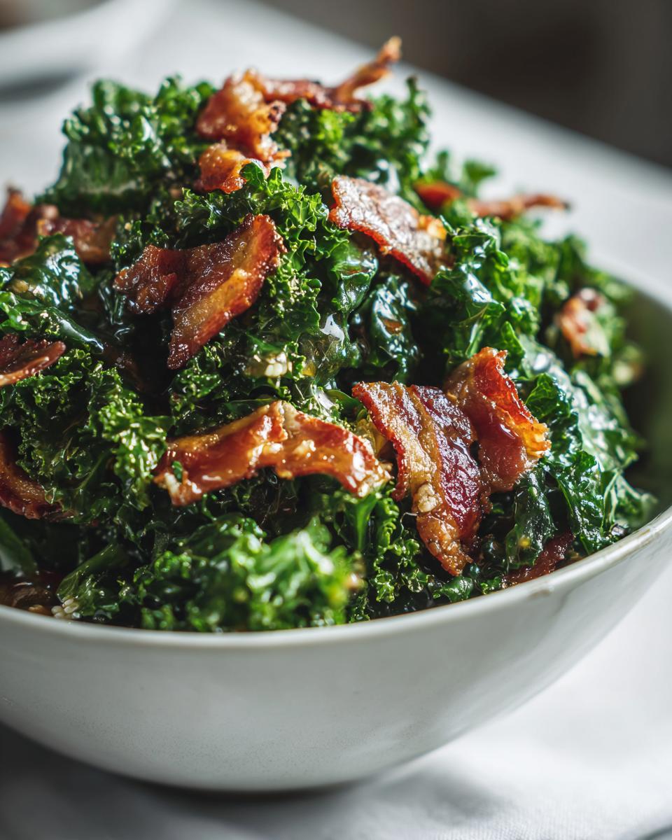 Close-up of a bowl of delicious Kale and Bacon Salad, with crispy bacon on top.
