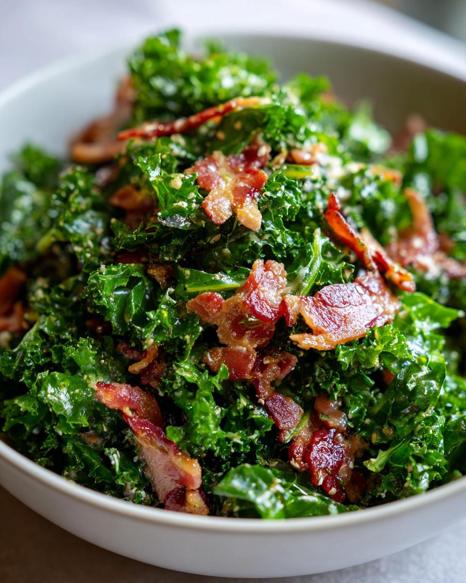Close-up of a bowl of fresh Kale and Bacon Salad, a healthy and delicious salad.