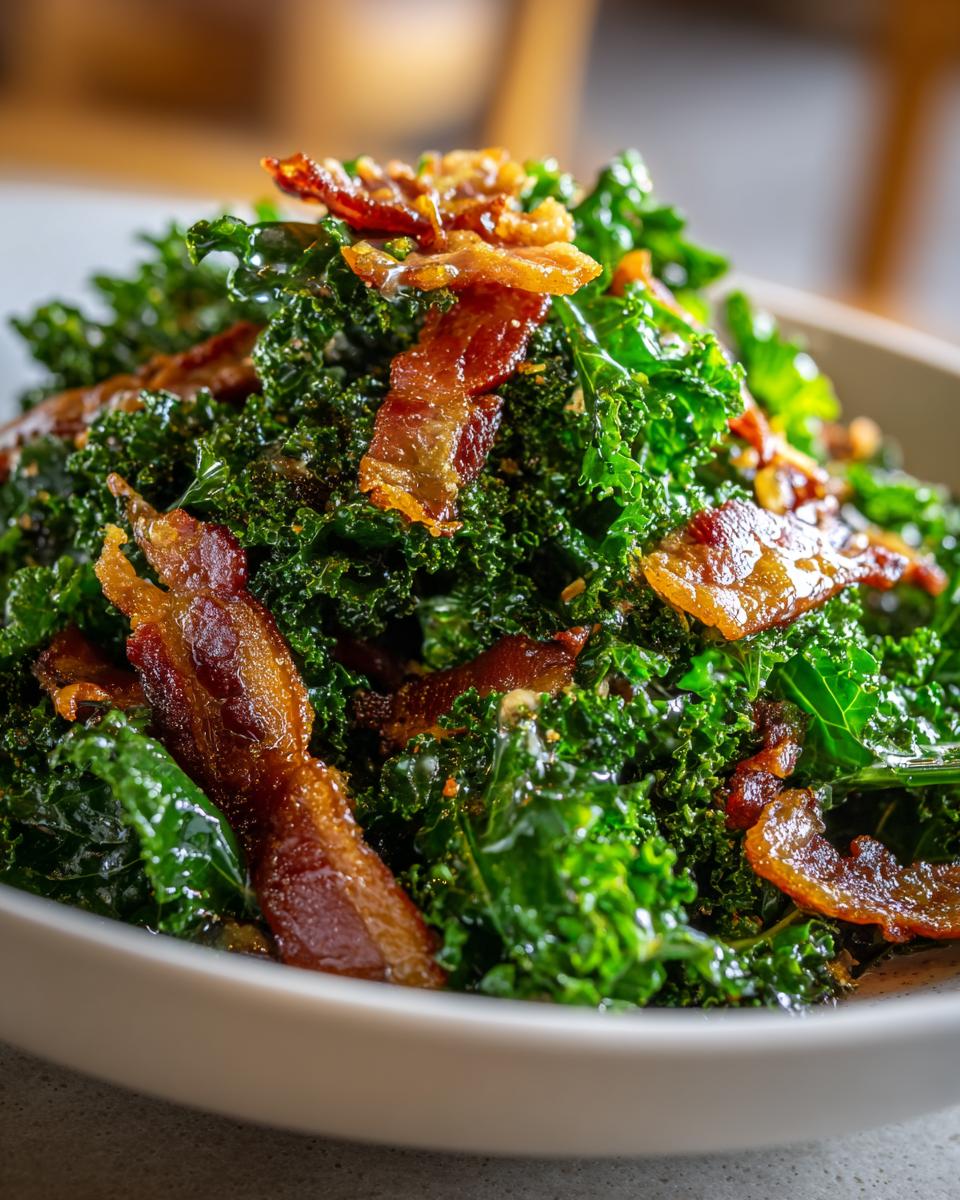 Close-up of a bowl filled with fresh Kale and Bacon Salad. Crispy bacon pieces on top of the kale.