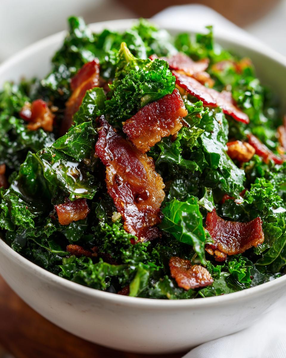 Close-up of a bowl of delicious Kale and Bacon Salad, with crispy bacon and fresh kale.