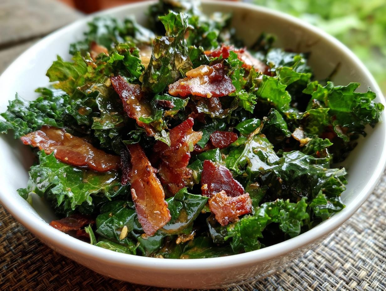 Close-up of a bowl of delicious Kale and Bacon Salad, a healthy and flavorful dish.