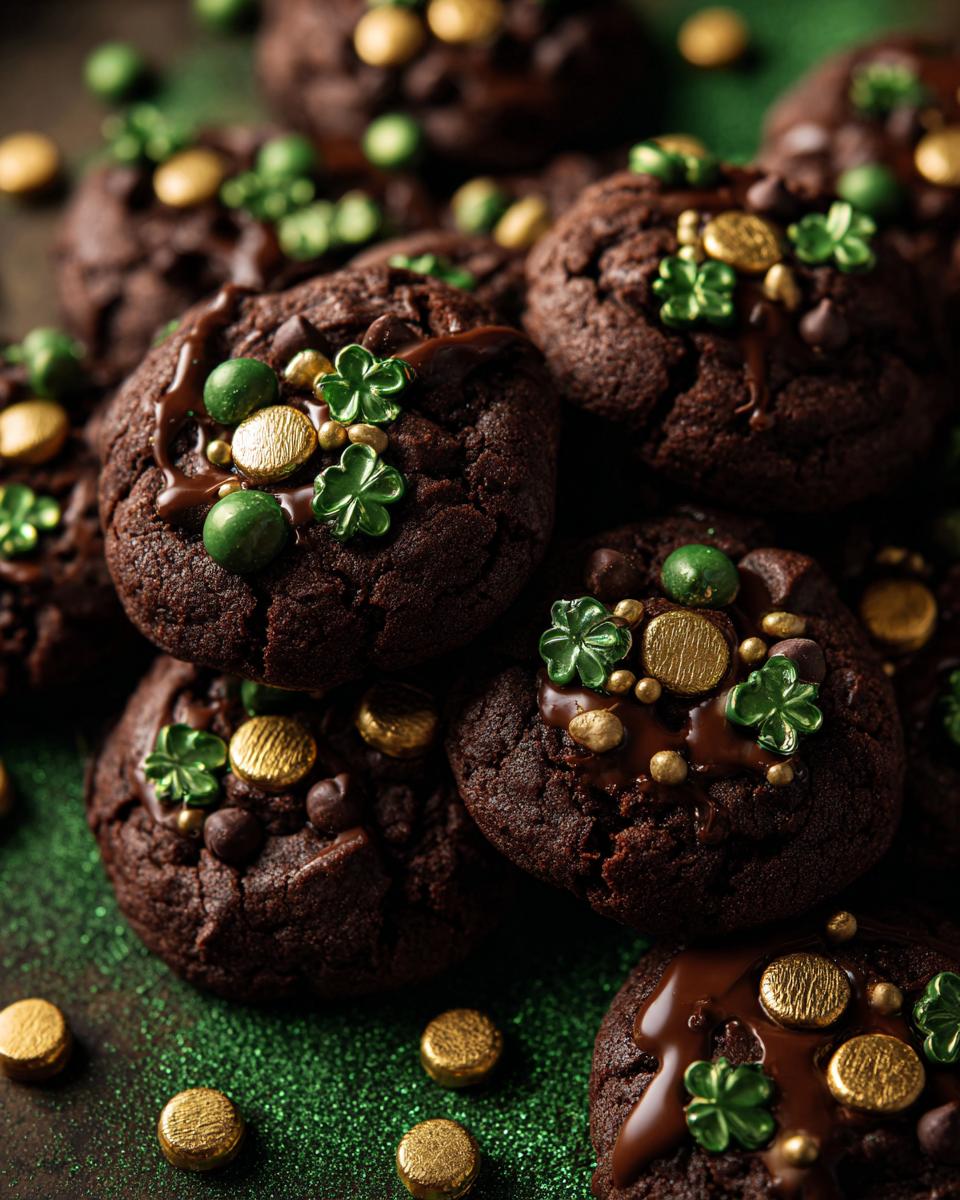 Close-up of Leprechaun Gold Chocolate Coins Cookie, decorated with gold coins and shamrock sprinkles.