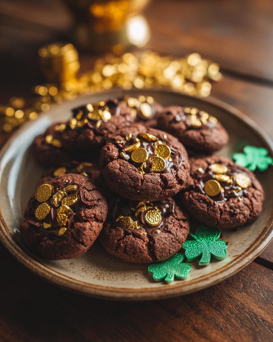 Plate of Leprechaun Gold Chocolate Coins Cookie, decorated with gold coins and shamrocks.