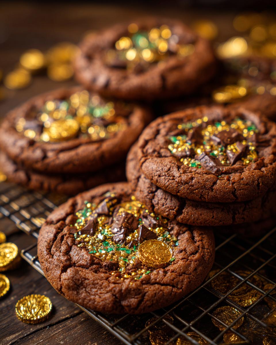Close-up of a stack of Leprechaun Gold Chocolate Coins Cookies, decorated with gold and green sprinkles.