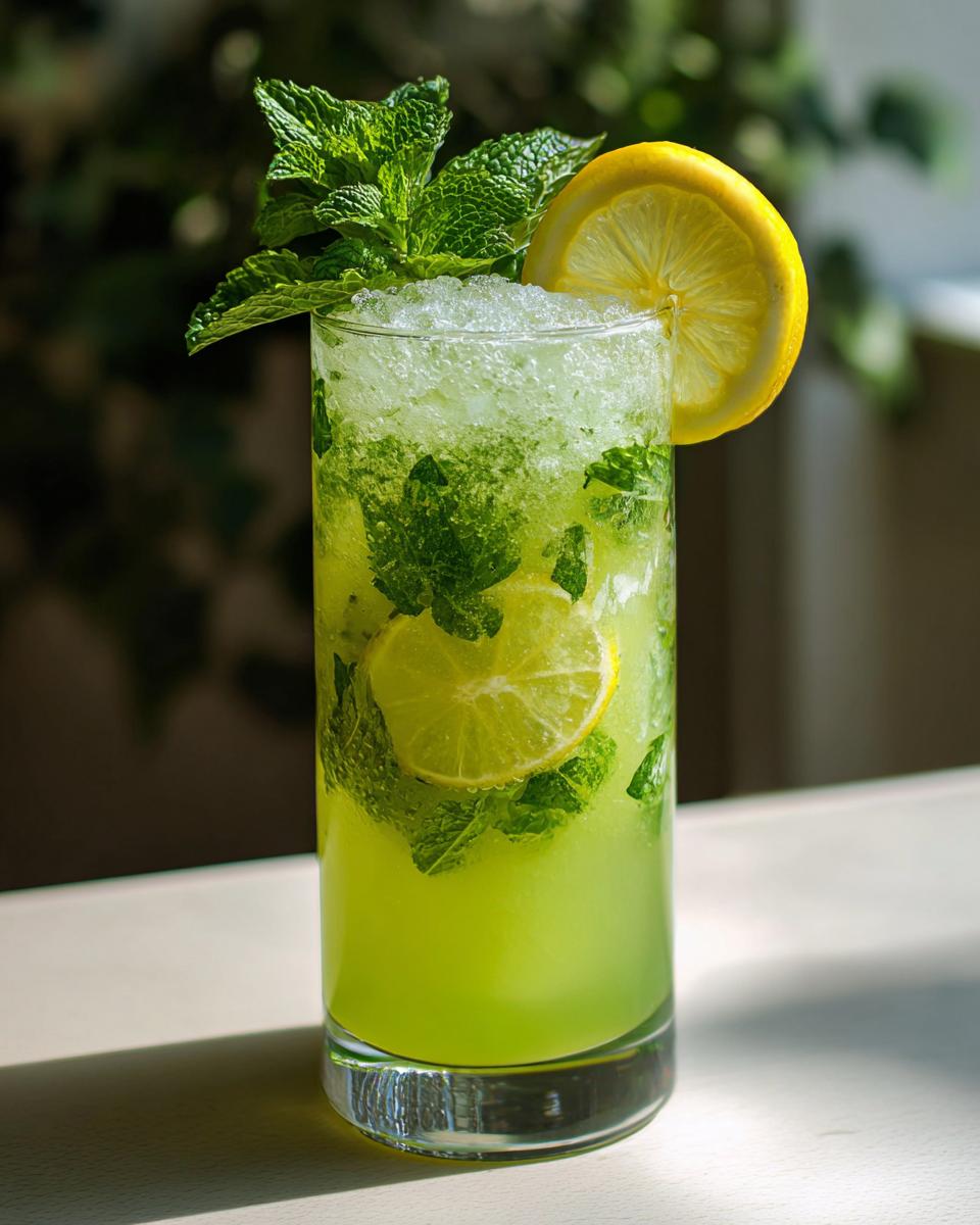 Tall glass of Leprechaun Lemonade with Mint, garnished with mint and lemon slice.
