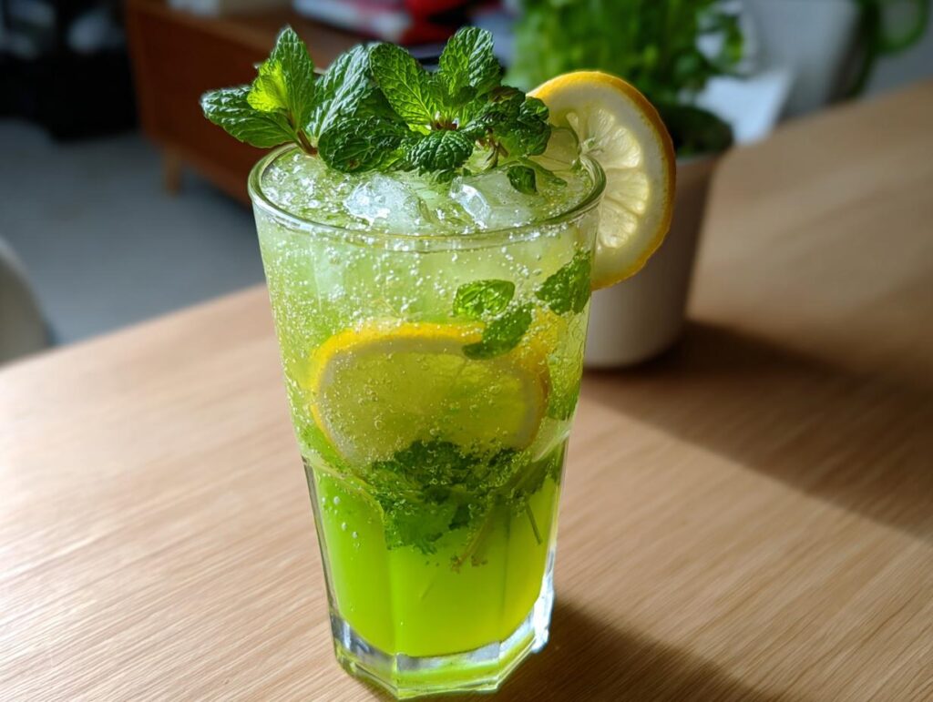 A vibrant glass of Leprechaun Lemonade with mint, garnished with lemon slices and fresh mint leaves.