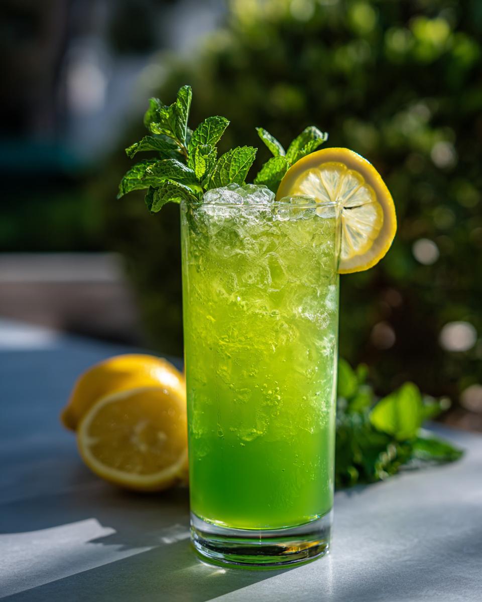 Tall glass of Leprechaun Lemonade with Mint, garnished with lemon slice and fresh mint sprigs.