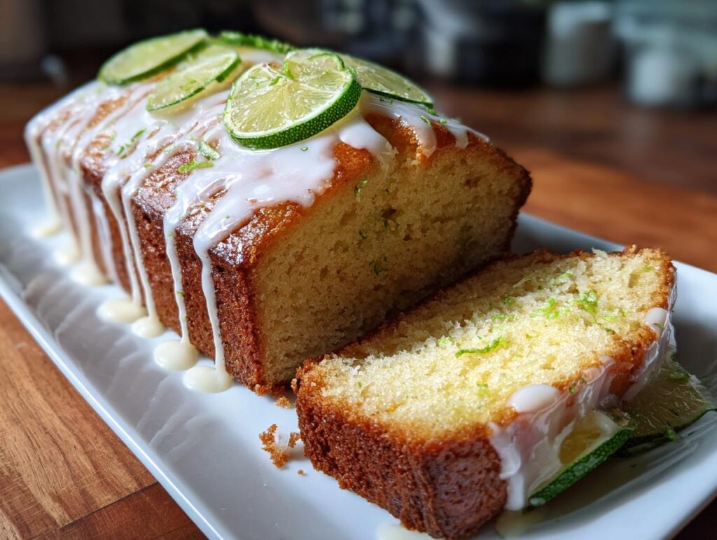 A loaf of Lime & White Chocolate Drizzle Cake with a slice cut, garnished with lime slices.
