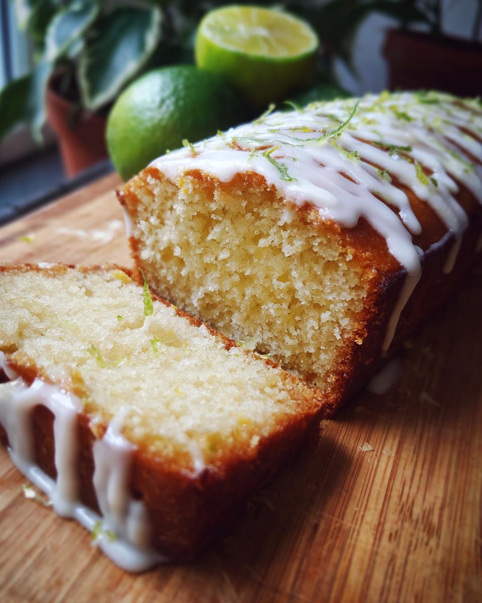 Close-up of a slice of Lime & White Chocolate Drizzle Cake, with white chocolate drizzle and lime zest.