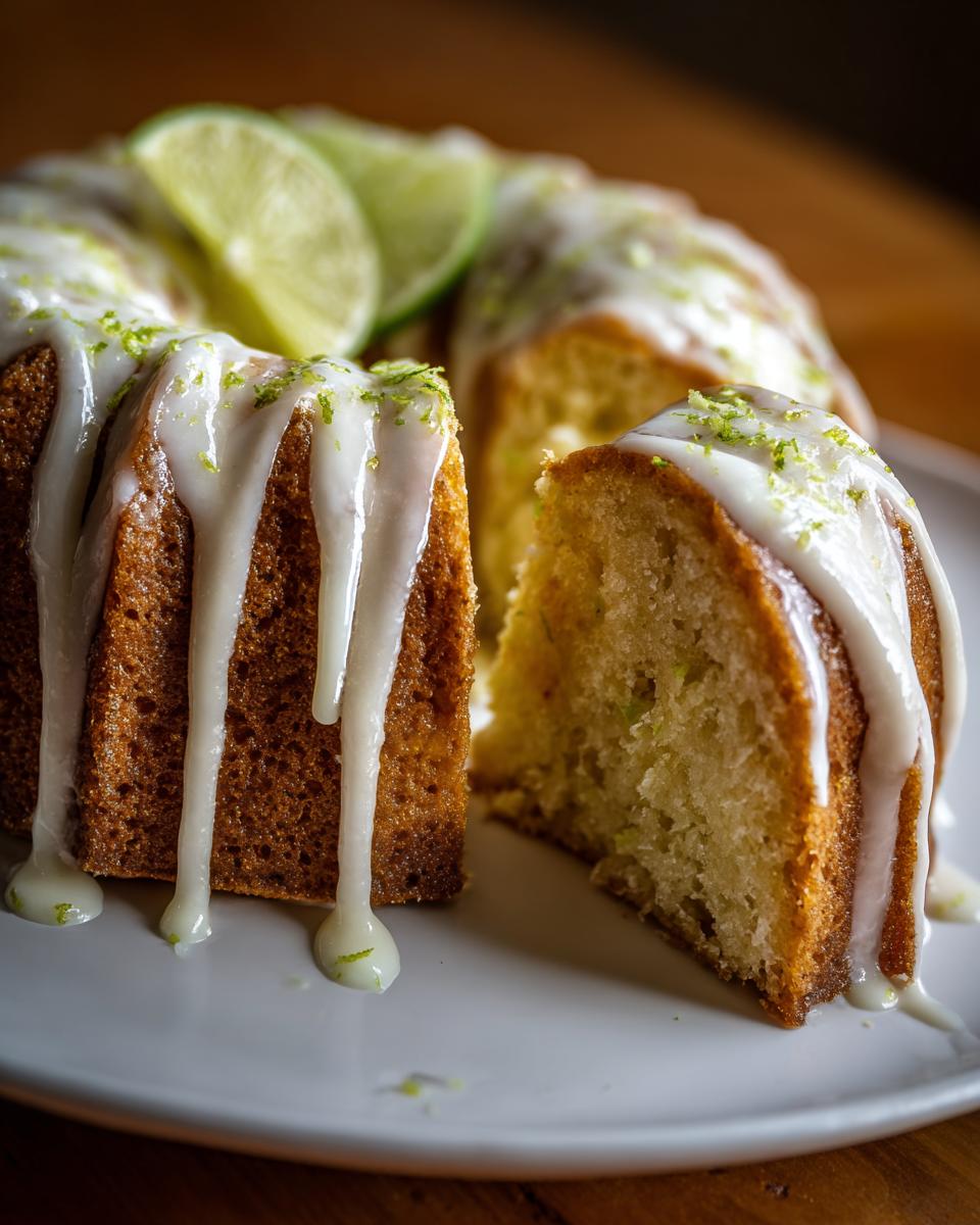 A slice of Lime & White Chocolate Drizzle Cake with white chocolate drizzle and lime garnish.