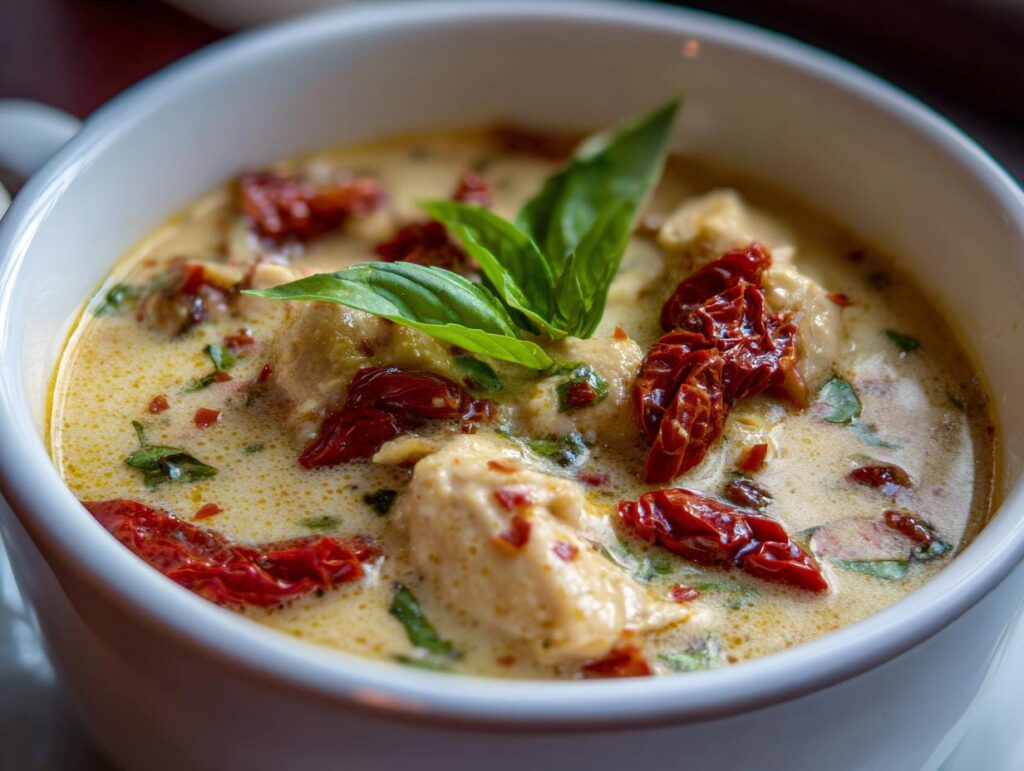 Close-up of a bowl of creamy Marry Me Chicken Soup, garnished with basil and sun-dried tomatoes.