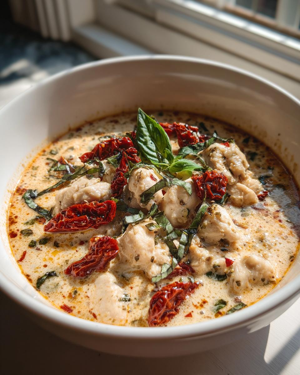 Close-up of a bowl of creamy Marry Me Chicken Soup with sun-dried tomatoes and basil.