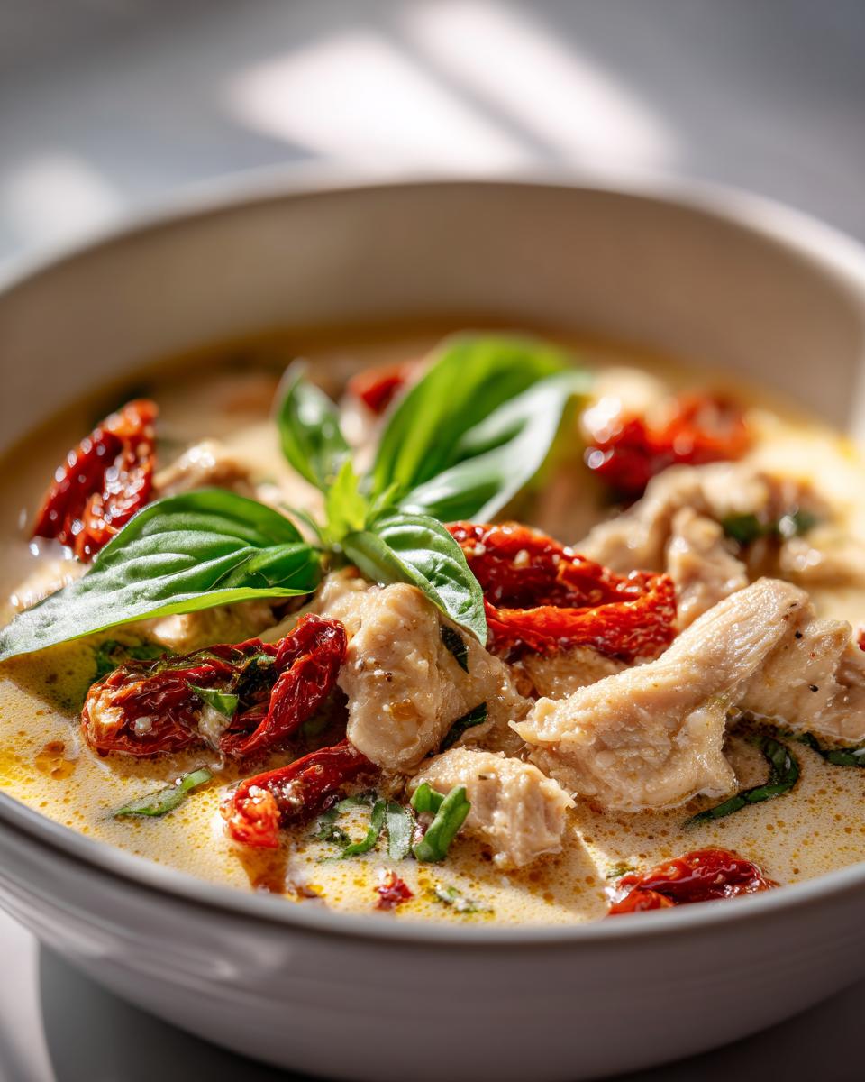 Close-up of a bowl of creamy Marry Me Chicken Soup with sun-dried tomatoes and basil.