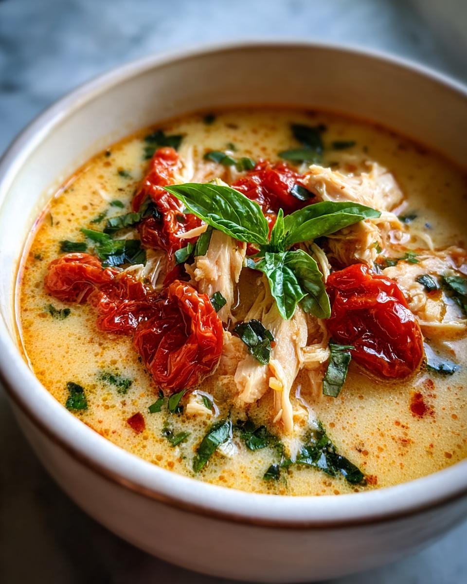 Close-up of a bowl of creamy Marry Me Chicken Soup with tomatoes, basil, and shredded chicken.