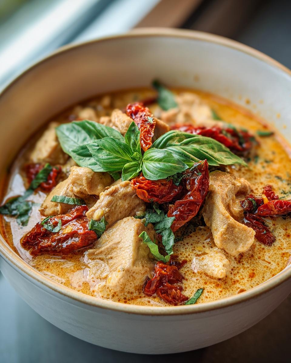 Close-up of a bowl of creamy Marry Me Chicken Soup, garnished with basil and sun-dried tomatoes.