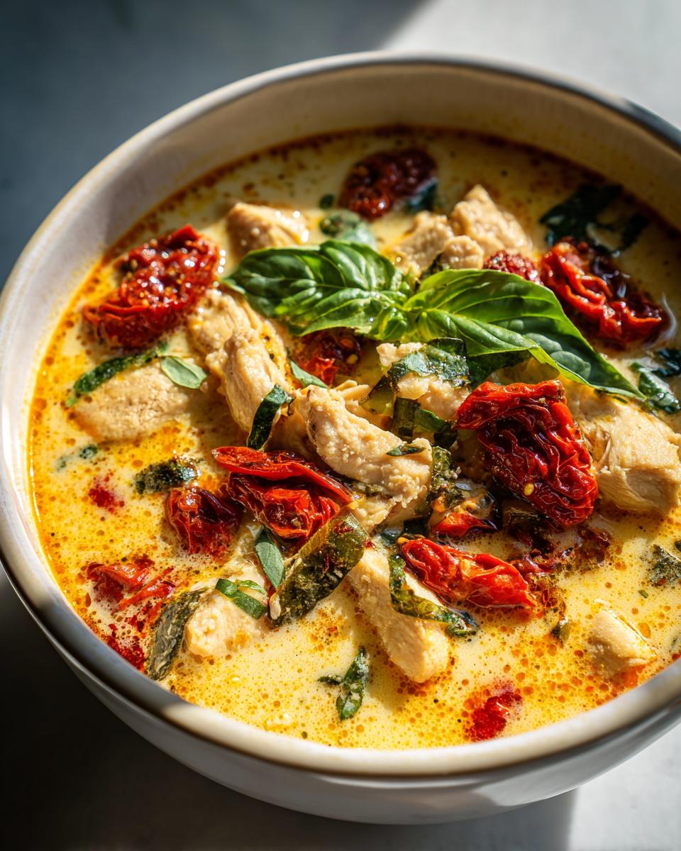 Close-up of a bowl of creamy Marry Me Chicken Soup with chicken, sun-dried tomatoes, and basil.