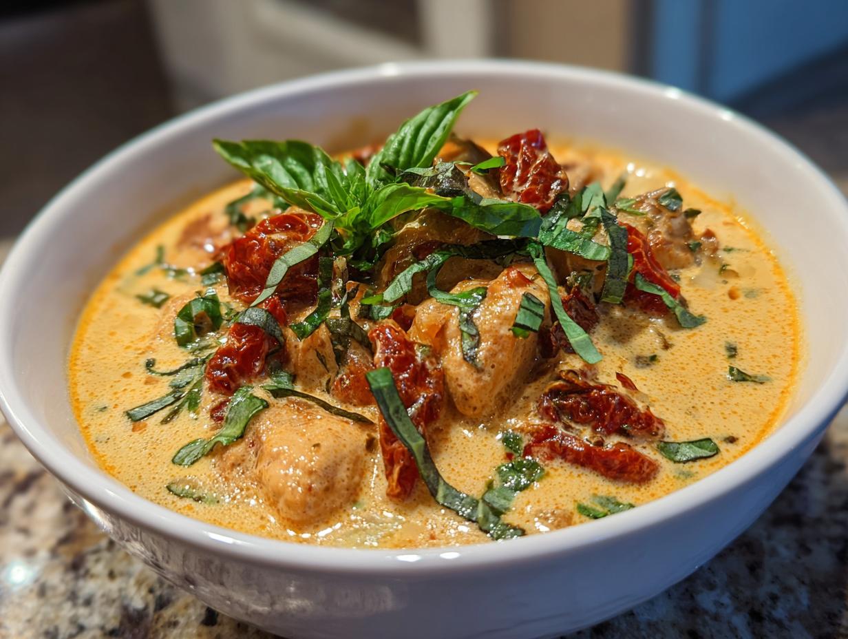 Close-up of a bowl of creamy Marry Me Chicken Soup, garnished with basil and sun-dried tomatoes.