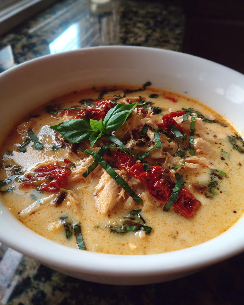 Close-up of a bowl of creamy Marry Me Chicken Soup, garnished with basil and sun-dried tomatoes.