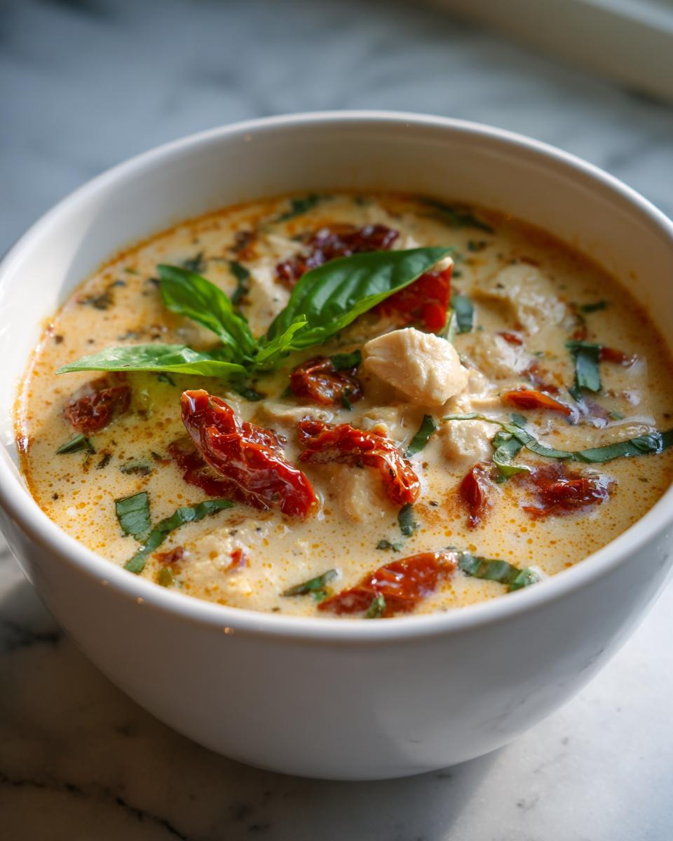 Close-up of a bowl of creamy Marry Me Chicken Soup with sun-dried tomatoes and basil.