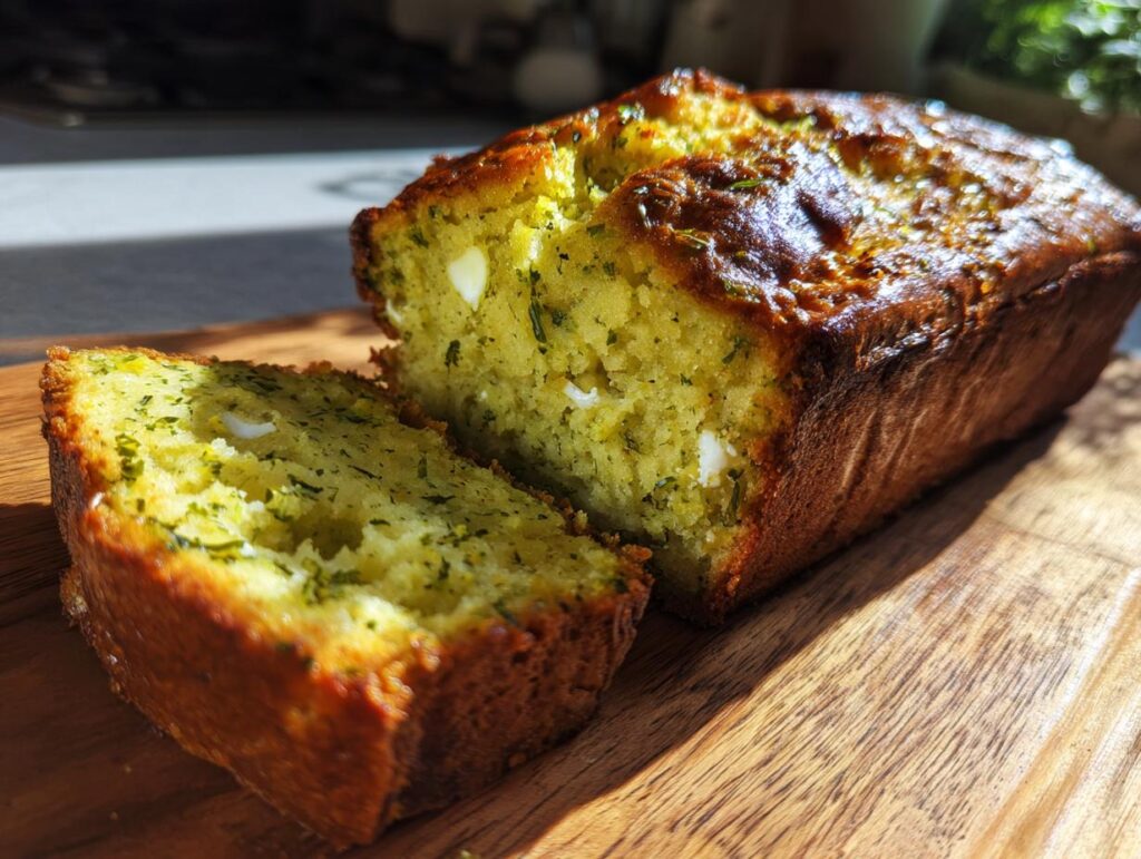 Close-up of a sliced Matcha White Chocolate Loaf Cake on a wooden board.