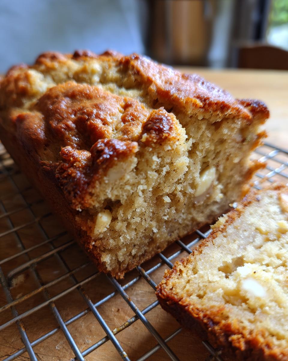 Close-up of a sliced Matcha White Chocolate Loaf Cake on a wire rack, showing white chocolate chips.