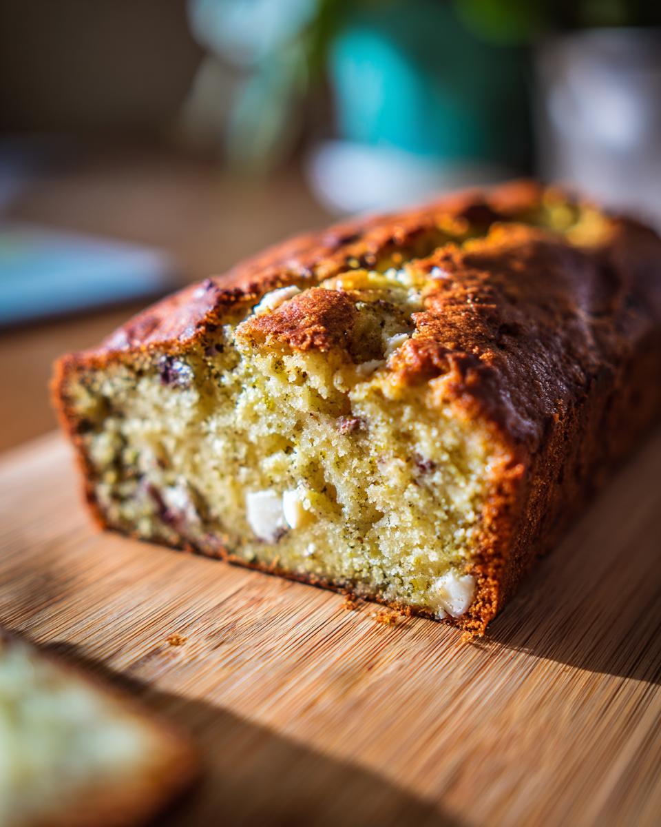 Close-up of a slice of Matcha White Chocolate Loaf Cake on a wooden board, showing texture and white chocolate chunks.