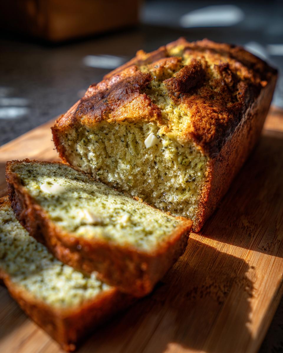 Close-up of sliced Matcha White Chocolate Loaf Cake on a wooden board, showcasing the texture.