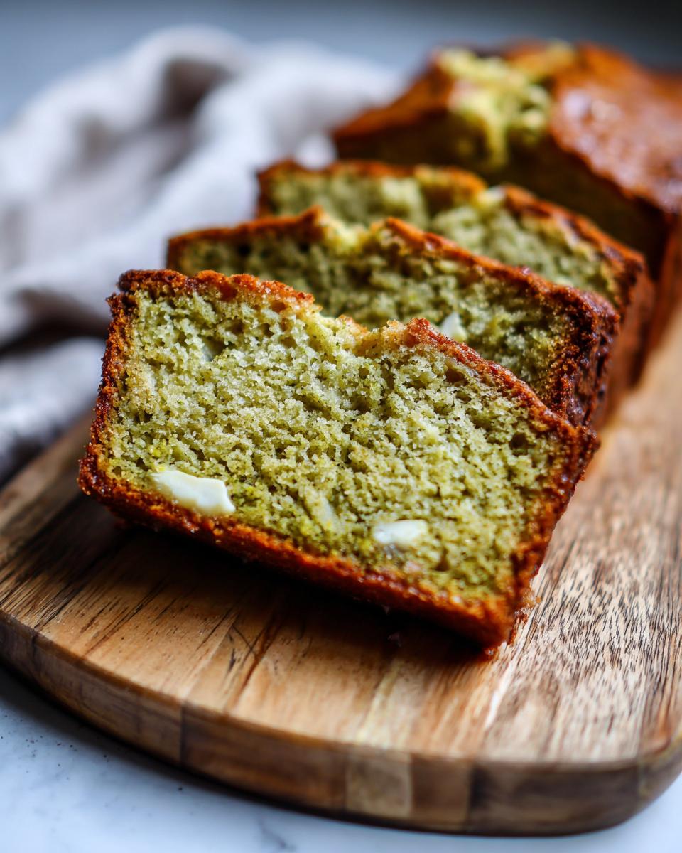 Close-up of sliced Matcha White Chocolate Loaf Cake on a wooden board, showing texture and white chocolate.