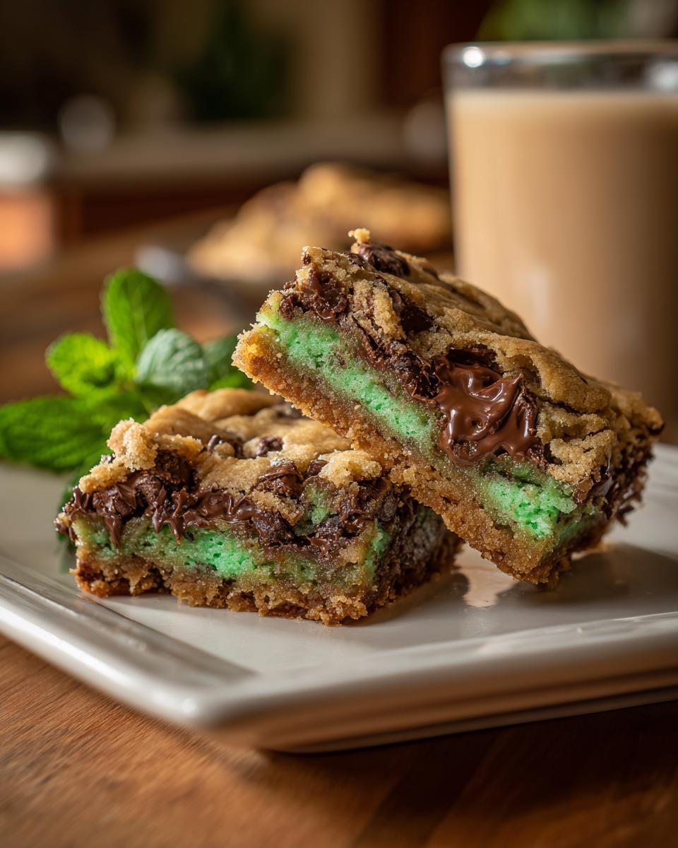 Close-up of two Mint Chocolate Chip Cookie Bars on a white plate, showing the layers of mint and chocolate.