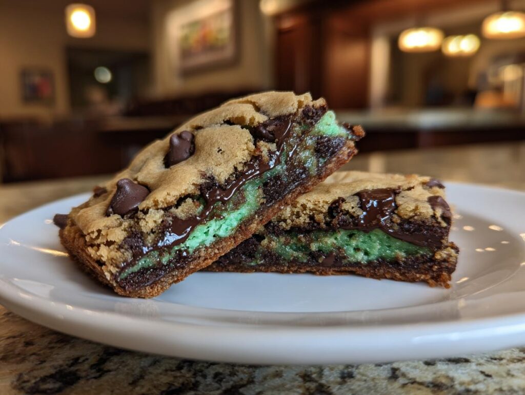 Close-up of two slices of Mint Chocolate Chip Cookie Bars on a white plate.