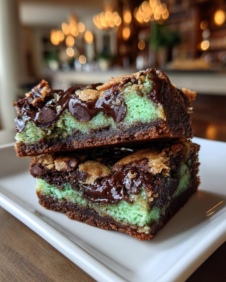 Two stacked Mint Chocolate Chip Cookie Bars on a white plate, showing layers of mint and chocolate.