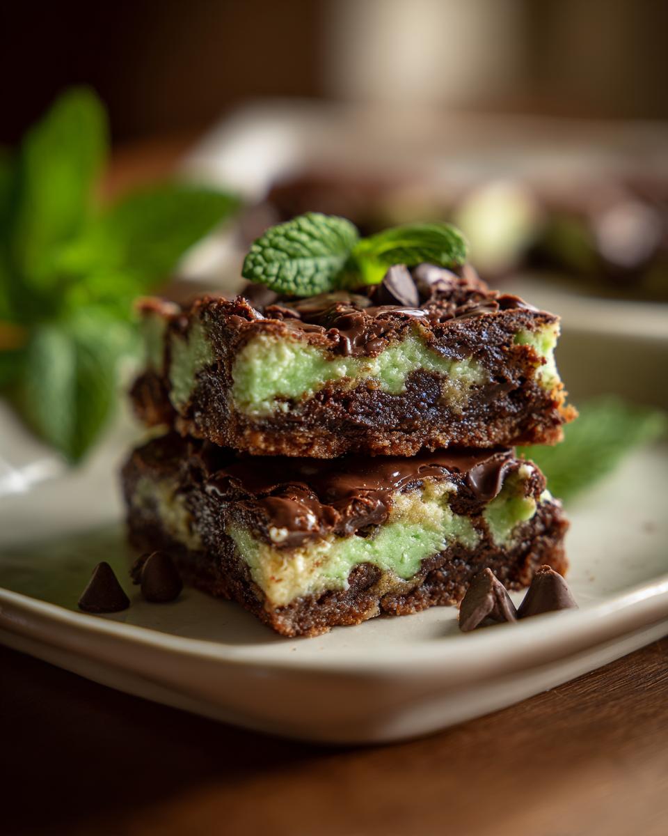 Two stacked Mint Chocolate Chip Cookie Bars on a plate, garnished with mint leaves and chocolate chips.