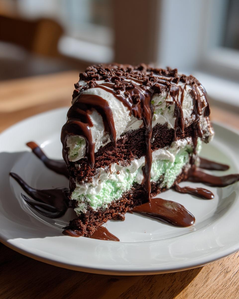 A slice of Mint Chocolate Chip Ice Cream Cake on a white plate, drizzled with chocolate.