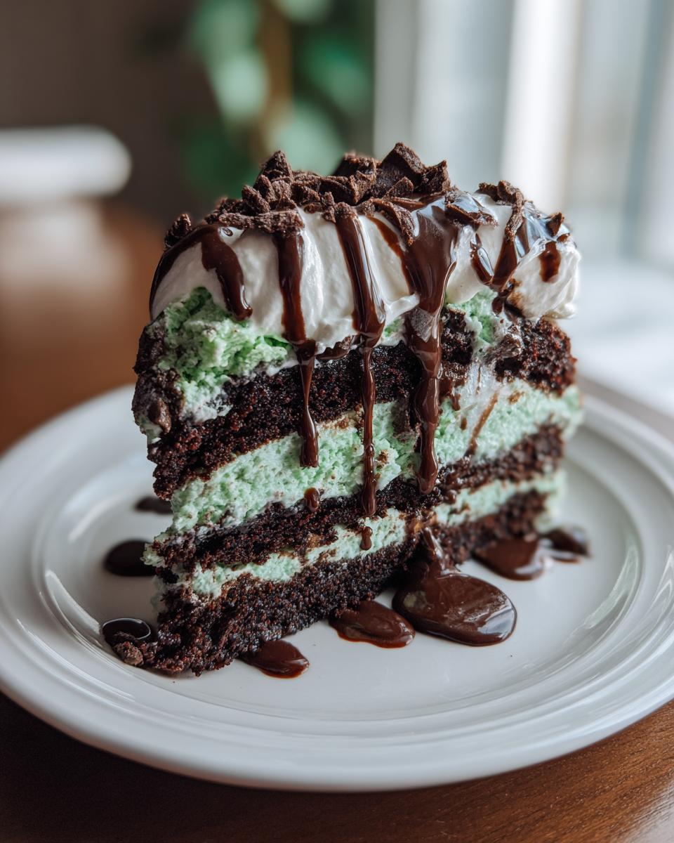 A delicious slice of Mint Chocolate Chip Ice Cream Cake on a white plate, drizzled with chocolate.