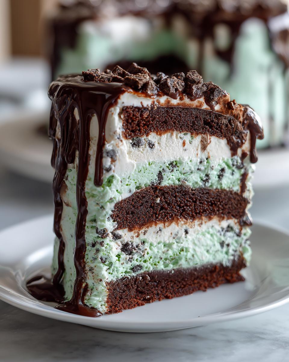 Close-up of a slice of Mint Chocolate Chip Ice Cream Cake with chocolate drizzle and toppings.