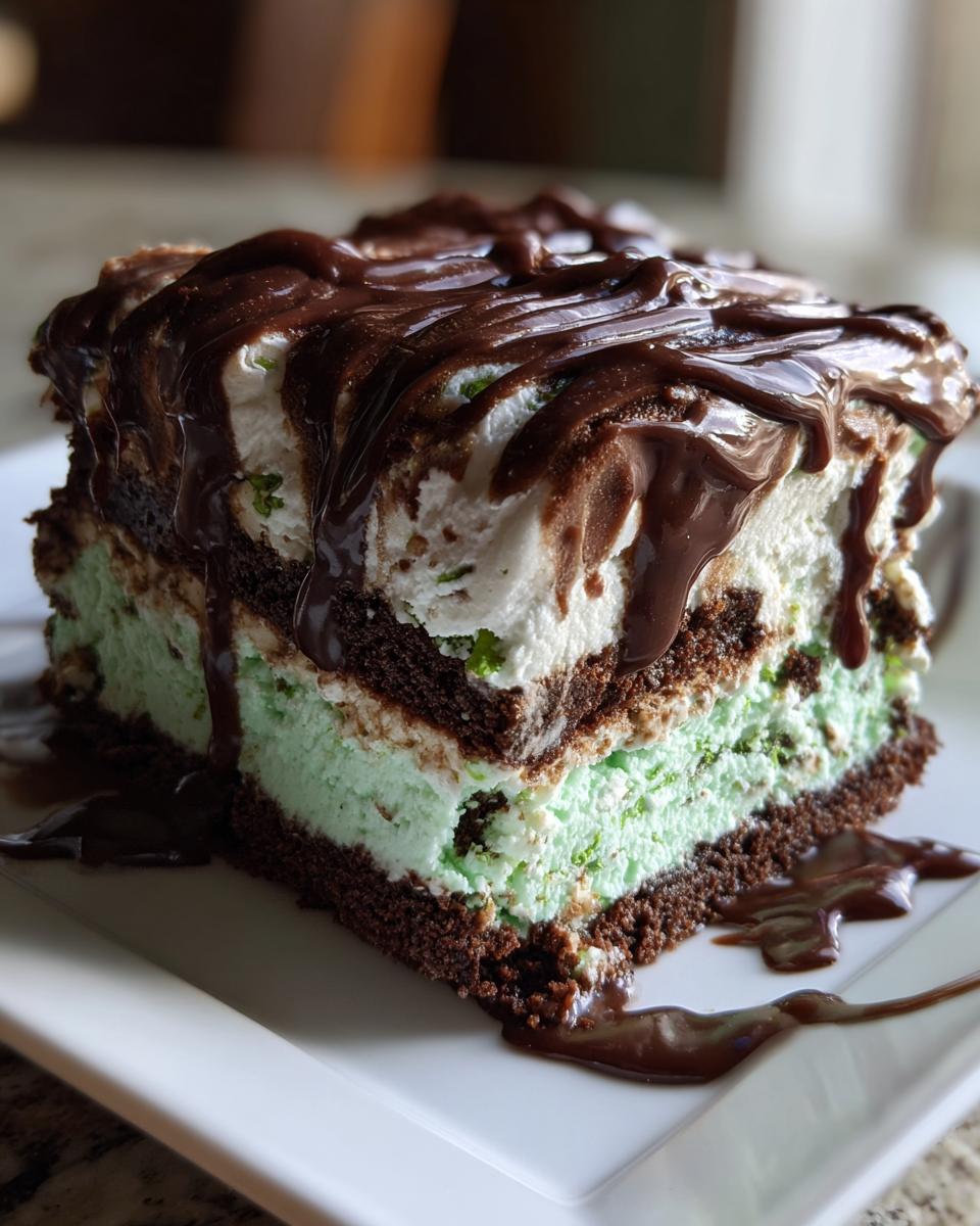 Close-up of a slice of Mint Chocolate Chip Ice Cream Cake with chocolate drizzle on a white plate.