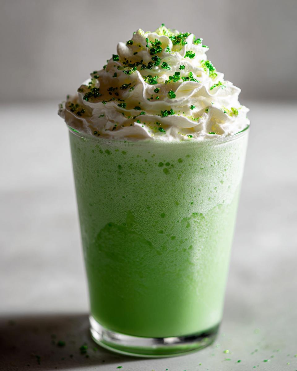 A tall glass of a Minty Shamrock Shake Cocktail topped with whipped cream and green sprinkles.