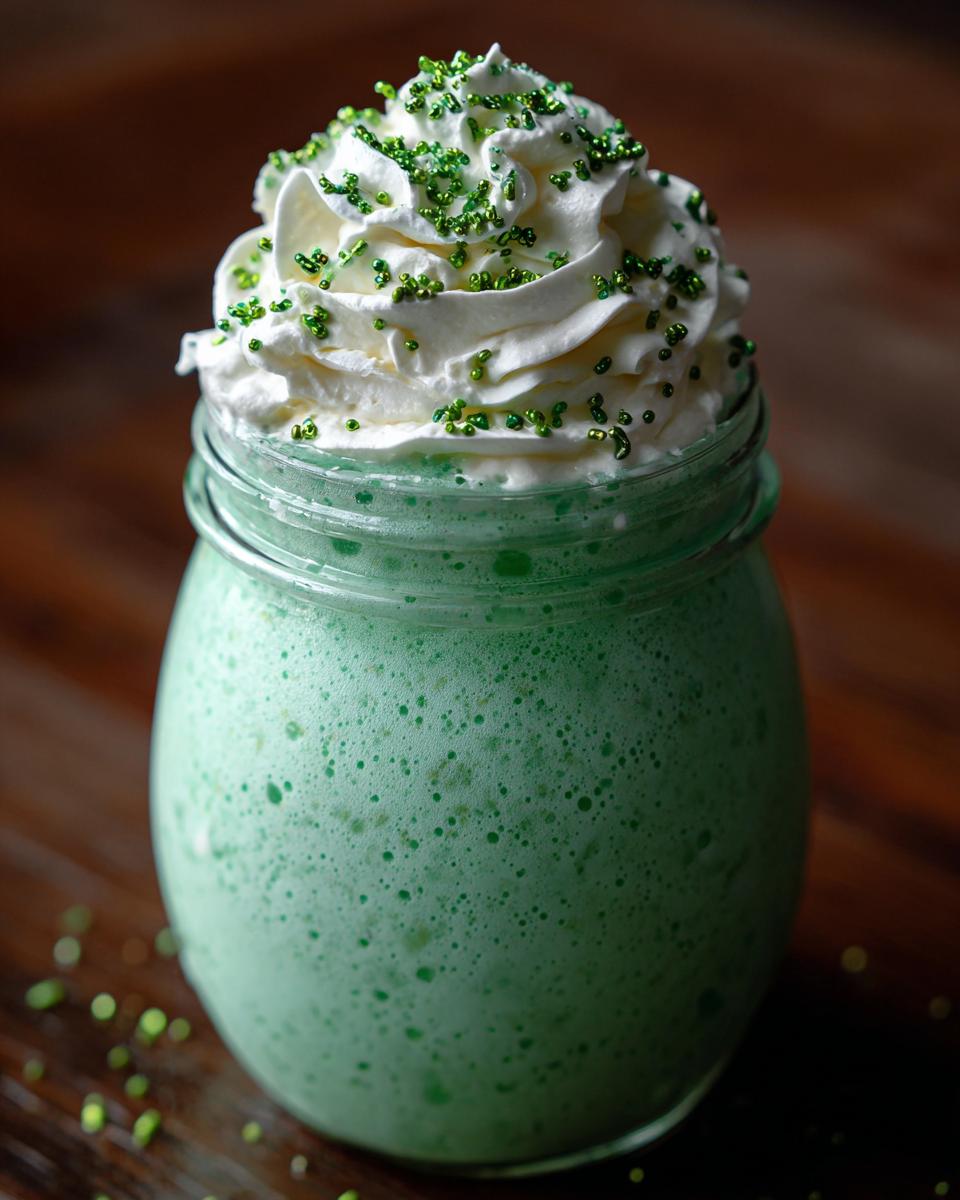 A vibrant green Minty Shamrock Shake Cocktail in a glass, topped with whipped cream and sprinkles.