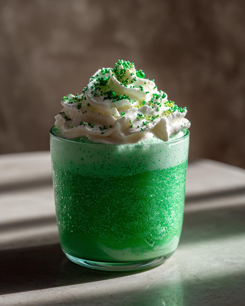 A vibrant green Minty Shamrock Shake Cocktail in a glass, topped with whipped cream and sprinkles.