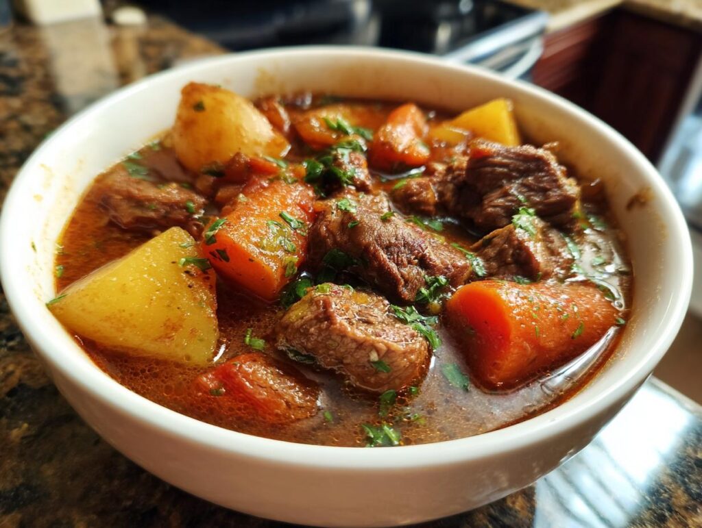Close-up of a bowl of Old Fashioned Beef Stew with chunks of beef, potatoes, and carrots.