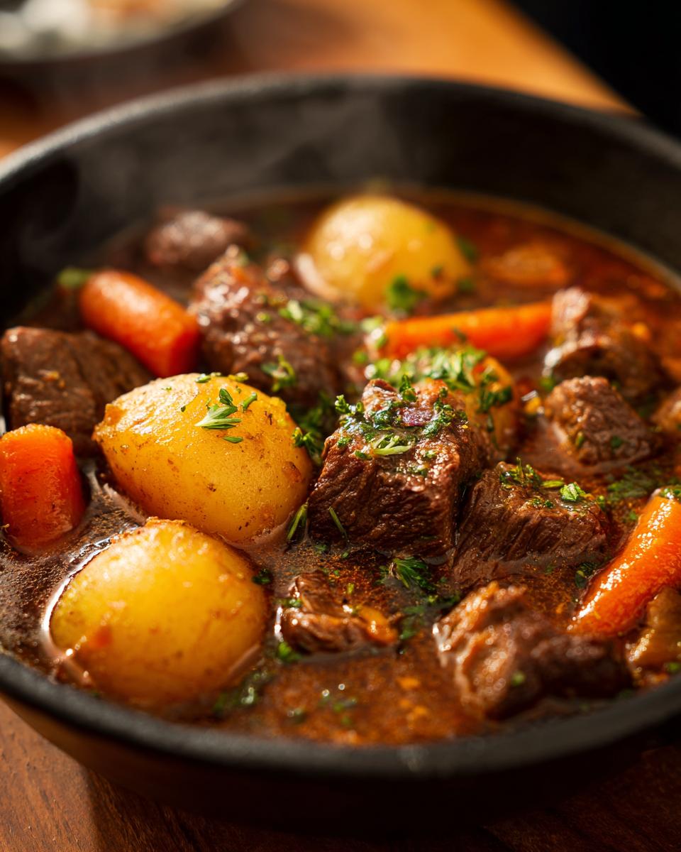 Close-up of a bowl of Old Fashioned Beef Stew with potatoes, carrots, and beef.