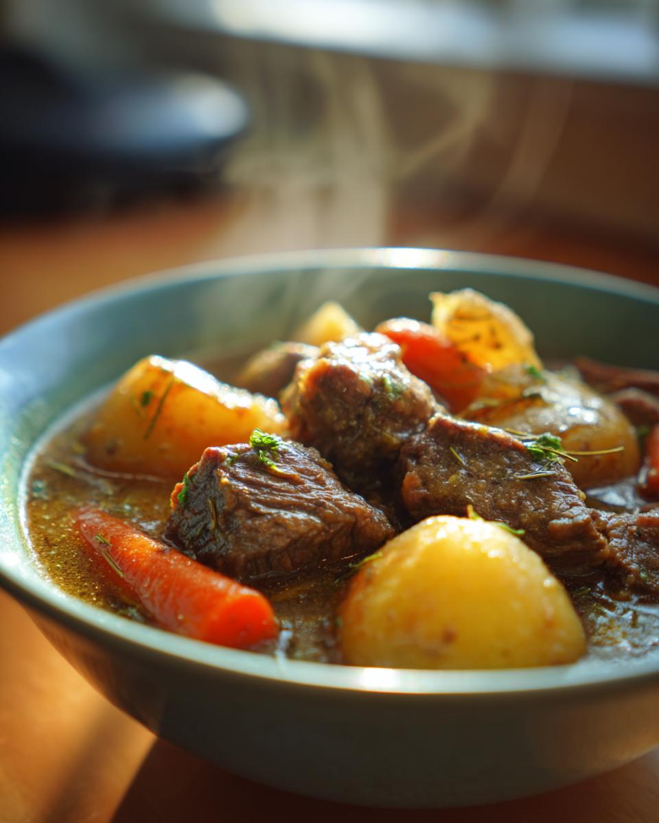 Close-up of a bowl of Old Fashioned Beef Stew with chunks of beef, potatoes, and carrots.