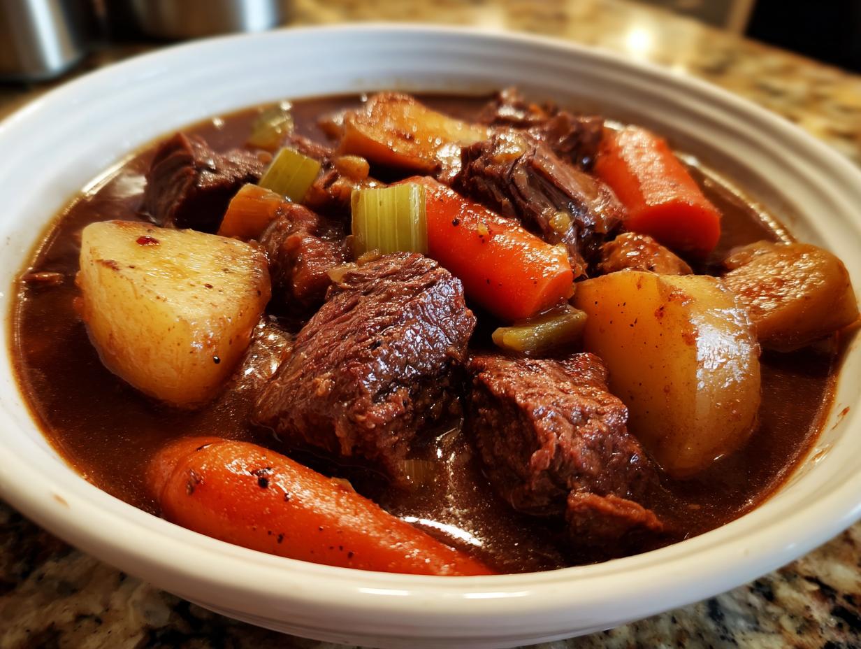 Close-up of a bowl of Old Fashioned Beef Stew with beef, carrots, potatoes, and broth.